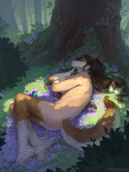 ambiguous_gender beak breasts brown_body brown_fur brown_hair butt detailed_background eyes_closed female female_focus flower forest fur grass hair hooves human_to_anthro implied_gender_transformation long_hair lying on_side outside plant sleeping solo_focus species_transformation tail transformation tree devergilia sponst avian bird canid human mammal 2025 digital_media_(artwork) hi_res