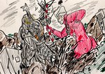 battle drill drill_arm duo holding_nunchaku holding_object holding_weapon male membrane_(anatomy) membranous_wings ultraman_leo weapon wings igomaro godzilla_(series) toho ultraman_(series) megalon_(godzilla) alien alien_humanoid arthropod humanoid insect kaiju absurd_res hi_res