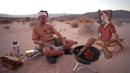 anthro barefoot brown_body brown_fur brown_nose christmas_clothing christmas_headwear clothing desert duo feet firewood fur hat headgear headwear holidays khaki_pants khaki_shorts male photo red_polo_shirt santa_hat toony mushketeery christmas real_world dan_hentschel mushy_(mushketeery) mushy_(mushketeteery) human hyena mammal