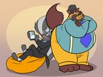 anthro belly butt butt_sniffing clothed clothing duo eyewear glasses male male/male obese obese_anthro obese_male overweight overweight_anthro overweight_male raised_tail size_difference sniffing tail thick_tail joesanchez ray_rhythmus canid canine canis mammal mephitid skunk wolf hi_res