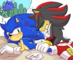 2014 angelofhapiness anthro bed black_nose blood bodily_fluids clothing duo eulipotyphlan footwear furniture green_eyes hedgehog male mammal pillow sega shadow_the_hedgehog simple_background sonic_the_hedgehog sonic_the_hedgehog_(series) tears white_background wounded