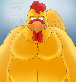 anthro bedroom_eyes feathers gradient_background grey_background grin looking_at_viewer male narrowed_eyes seductive simple_background smile solo yellow_body yellow_feathers pt80s0up family_guy ernie_the_giant_chicken avian bird chicken galliform phasianid meme