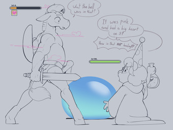 ambiguous_gender anthro beaker bodily_fluids bottomwear clothing dialogue dripping duo erection eyewear gameplay_mechanics genital_fluids genitals glasses gui hat headgear headwear health_bar hooves hud laboratory_equipment laboratory_glassware level_difference level_number liquid loincloth looking_at_another male melee_weapon muscular muscular_male party_hat penis pink_smoke precum precum_drip robe scientific_instrument shield size_difference smoke speech_bubble surprised sword text unguligrade weapon wearing_glasses onleigh judas_(onleigh) asinus capybara caviid donkey equid equine mammal rodent slime_(blob) english_text hi_res