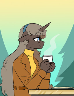 anthro beverage blue_eyes bodily_fluids brown_body brown_hair clothing container cup eyewear female glasses hair horn jacket mug orange_clothing orange_jacket orange_topwear round_glasses solo steam sweat sweater tea topwear yellow_clothing yellow_sweater yellow_topwear redxbacon hasbro my_little_pony mythology fan_character parch_well_(oc) equid equine mammal mythological_creature mythological_equine unicorn hi_res