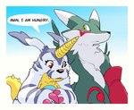 animal_skin anthro duo fluffy fluffy_chest fur green_body green_fur horn male red_eyes size_difference striped_body striped_fur stripes yellow_eyes dahecksajerry bandai_namco digimon digimon_(species) gabumon