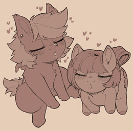 blush blush_lines chest_tuft duo ear_piercing eyes_closed facial_piercing female feral hair heart_reaction high-angle_view hooves nose_piercing piercing short_hair sitting snout tail tuft cold-blooded-twilight hasbro my_little_pony earth_pony equid equine horse mammal pony 2024 monochrome