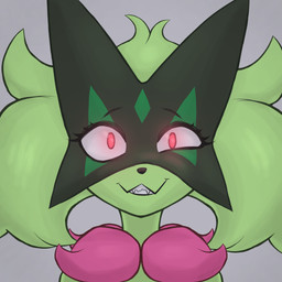 ambiguous_anthro ambiguous_gender anthro anthrofied biped eyebrows eyelashes flower_(anatomy) fur glowing glowing_eyes green_body green_fur green_hair green_mask grey_background hair looking_at_viewer mask pink_eyes pokemorph simple_background smile smiling_at_viewer solo teeth teeth_showing text additionalespeon333 nintendo pokemon felid feline generation_9_pokemon mammal meowscarada pokemon_(species) 1:1 2026 absurd_res artist_name colored digital_drawing_(artwork) digital_media_(artwork) hi_res shaded