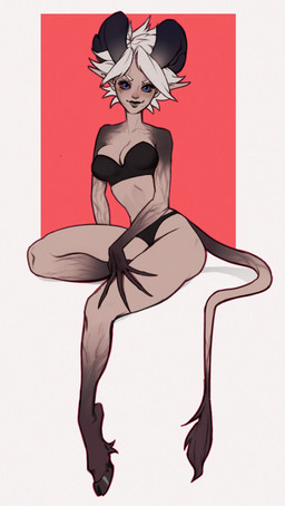 black_bra black_clothing black_hooves black_horn black_panties black_underwear blue_eyes border bra clothing eyelashes female hair hooves horn looking_at_viewer messy_hair mouth_closed panties red_background red_sclera simple_background sitting solo tail underwear unsigned white_border white_hair shermugi humanoid 2020 full-length_portrait hi_res portrait
