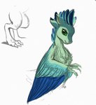 4_ears anthro blue_body blue_feathers countershading feathered_wings feathers female green_body green_eyes multi_ear winged_arms wings amarynceus gyrotech luvashi avali avian low_res