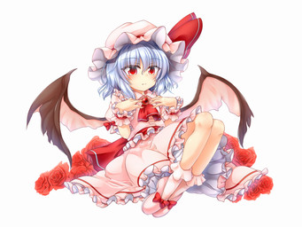 alternative_fashion ascot blue_hair blush bonnet bottomwear classic_lolita clothing colored_nails fangs female flower footwear hair hat headgear headwear j-fashion legwear lolita_(fashion) membrane_(anatomy) membranous_wings mobcap nails not_furry pink_nails plant red_eyes ribbons rose_(flower) shirt shoes short_hair simple_background sitting skirt smile socks solo teeth topwear white_background white_body white_skin wings m9kndi touhou remilia_scarlet humanoid vampire 4:3 hi_res