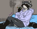 anthro bent_leg bottomless clothed clothing drugs female hoodie hoodie_only marijuana oversized_clothing oversized_hoodie oversized_topwear solo topwear topwear_only raccisntbacc mammal procyonid raccoon