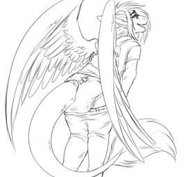 anthro belt biped bottomwear bottomwear_down clean_diaper clothed clothing diaper exposed_diaper eyewear feathers fully_clothed fur glasses hair male pants pants_down partially_clothed shirt simple_background solo standing tail topwear wearing_diaper white_background wings unknown_artist mythology twixxel_minty angel_dragon dragon mythological_creature mythological_scalie scalie monochrome sketch source_request traditional_media_(artwork)