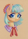 accessory blue_eyes blue_hair eyelashes female feral flower flower_in_hair fur hair hair_accessory plant ribbons simple_background solo tan_background tan_body tan_fur three-quarter_view maytee friendship_is_magic hasbro my_little_pony coco_pommel_(mlp) earth_pony equid equine horse mammal pony 2022 bust_portrait colored_pencil_(artwork) portrait signature traditional_media_(artwork)