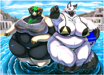 anthro beach belly big_belly big_breasts big_butt bikini biped border breasts butt city city_background cityscape clothed clothing cooler detailed_background duo eyelashes female hair huge_belly huge_breasts huge_butt huge_hips huge_thighs muscular navel nipple_outline obese obese_anthro obese_female open_mouth outside overweight overweight_anthro overweight_female partially_submerged pupils sea smile standing swimwear thick_thighs topwear two-piece_swimsuit water white_border wide_hips doctorsoul girls_with_big_boobs_give_the_best_hugs iridium lianne_becker bovid canid canine caprine mammal hi_res