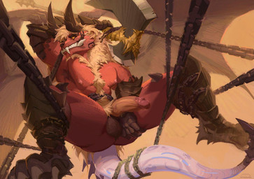 anthro armor armpit_hair axe ball_tuft balls big_penis biped black_balls blonde_hair blonde_pubes body_hair butt chain claws erection fangs fluffy fur genitals glans hair happy_trail horn humanoid_genitalia humanoid_penis male mane melee_weapon multi_limb muscular muscular_anthro muscular_male nipples penis pink_glans pink_nipples pubes red_body red_fur solo tail tan_penis teeth tuft tusks vein weapon white_tail wings yellow_eyes yellow_sclera nyuudles mokko mablevi_eto demon gulonine mammal marten monster mustelid musteline 2019