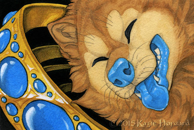blue_nose blue_tongue brown_body brown_fur eyes_closed feral fur open_mouth smile solo teeth tongue katie_hofgard canid canine canis domestic_dog mammal 2015 headshot_portrait portrait traditional_media_(artwork)