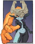 5_fingers armor breasts clothing featureless_breasts featureless_crotch female fingers front_view fused_shadow hair headgear headwear helmet long_ears looking_at_viewer multicolored_body navel not_furry one_eye_obstructed orange_hair prehensile_hair reaching_towards_viewer red_eyes short_stack small_breasts small_waist smile solo karu184 nintendo the_legend_of_zelda twilight_princess midna imp twili 2021 digital_media_(artwork) hi_res portrait three-quarter_portrait