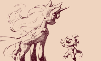 ambiguous_gender angry anthro barely_visible_genitalia barely_visible_vulva biped butt duo eye_contact featureless_chest feet female feral genitals gesture grey_background hair hand_gesture horn larger_female larger_feral long_hair long_tail looking_at_another open_mouth pointing quadruped simple_background size_difference smaller_ambiguous smaller_anthro tail toes vulva wings napalm_express friendship_is_magic hasbro my_little_pony mythology princess_celestia_(mlp) spike_(mlp) dragon equid equine mammal mythological_creature mythological_equine mythological_scalie scalie winged_unicorn digital_media_(artwork) hi_res monochrome sketch male_(lore)
