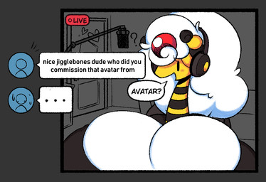 anthro big_breasts black_body bodily_fluids breasts chat clothed clothing computer dialogue dot_eyes electronics ellipsis female hair headgear headphones headset huge_breasts hyper hyper_breasts inside livestream long_hair long_neck microphone multicolored_body question_mark simple_eyes solo striped_body stripes sweat sweatdrop text white_hair yellow_body dewbber nintendo pokemon trish_(dewbber) generation_6_pokemon mega_ampharos mega_evolution pokemon_(species) 2021 bust_portrait digital_media_(artwork) english_text portrait