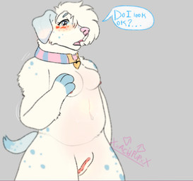 anthro belly blush bodily_fluids breasts collar collar_only female floppy_ears fluffy freckles genital_fluids genitals hair insecure nipples nude pink_nose praise_kink slightly_chubby small_breasts tears vaginal_fluids vulva white_hair m0chibunz canid canine canis dalmatian domestic_dog mammal