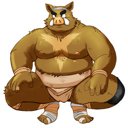 5_fingers anthro asian_clothing belly big_belly brown_body brown_fur clothing east_asian_clothing eyebrows fingers fur humanoid_hands japanese_clothing kemono male mawashi moobs nipples overweight overweight_male scar simple_background solo sumo thick_eyebrows tusks white_background shiba-kenta mammal suid suine sus_(pig) wild_boar 1:1 2015 hi_res unavailable_at_source