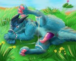 animal_genitalia anus arm_tuft arms_tied aroused bdsm blue_body blue_fur bondage bound butt erection feral flower forced forced_exposure fur genital_slit genitals grass grumpy horn lily_pad lying male multicolored_penis on_ground on_side pawpads paws penis pink_eyes pink_penis plant pond presenting presenting_hindquarters restraints shoulder_tuft solo spreader_bar tail tapering_penis text tuft water whiskers galma mythology piece_(raikefox) dragon furred_dragon furred_scalie hybrid mammal mythological_creature mythological_scalie scalie 2023 absurd_res hi_res signature url