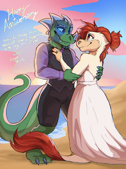 anthro backless_clothing backless_dress beach biped black_clothing black_tie_(suit) blue_eyes blue_horn blue_sclera blue_teeth brown_eyes claws clothing collared_shirt day dress dress_shirt duo female green_body green_tail hair horn male outside red_eyes romantic romantic_couple sand sea seaside shirt smile strapless_clothing strapless_dress suit sun tail teeth text toe_claws topwear water wedding_dress white_clothing white_text kabscorner genesis_(kabscorner) vergence dinosaur prehistoric_species reptile scalie 2023 absurd_res colored english_text hi_res lol_comments