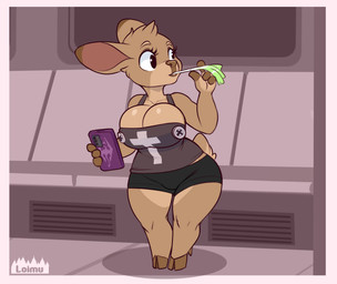 4_fingers anthro big_breasts bottomwear breasts brown_body brown_nose button_(fastener) celery cellphone cleavage clothed clothing countershading cross dipstick_ears ear_markings eating electronics eyebrows eyelashes female fingers food holding_cellphone holding_object holding_phone hooved_fingers hooves multicolored_ears phone plant scut_tail shadow shirt short_tail shorts shortstack shortstack_female solo standing tail thick_thighs topwear vegetable wide_hips loimu bethesda_game_studios microsoft skyrim the_elder_scrolls loimu_(character) deer mammal 2022 hi_res signature