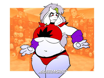 4_fingers anthro arm_warmers armwear big_breasts bodypaint bottomwear breasts claws clothed clothing cosplay costume crop_top crossover_cosplay curvy_figure ear_piercing ear_ring eyelashes face_paint female finger_claws fingers floppy_ears fur halloween_costume holidays hotpants huge_breasts huge_hips huge_thighs long_ears mature_anthro mature_female navel overweight overweight_anthro overweight_female piercing purple_arm_warmers purple_armwear purple_clothing red_clothing red_crop_top red_eyes red_shirt red_topwear ring_piercing shirt shorts shoulder_pads skimpy slightly_chubby slightly_chubby_anthro slightly_chubby_female solo text thick_thighs topwear under_boob voluptuous voluptuous_anthro voluptuous_female white_body white_fur wide_hipped_anthro wide_hipped_female wide_hips wig aabramsart five_nights_at_freddy's five_nights_at_freddy's:_security_breach halloween scottgames steel_wool_studios undertale undertale_(series) roxanne_wolf toriel boss_monster_(undertale) bovid caprine goat mammal 2025 artist_name crossover watermark