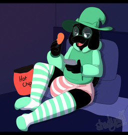 anthro bed black_bars black_body black_fur chips_(food) clean_diaper clothed clothing diaper diaper_fetish eating eating_food electronics eyelashes eyewear food fur furniture glasses hat headgear headwear holding_food holding_object hoodie legwear looking_at_object looking_at_phone male on_bed open_mouth open_smile pantsless_male phone sitting smile solo thigh_highs topwear wearing_diaper witch_hat shadyadi deltarune undertale_(series) ralsei bovid caprine darkner goat mammal hi_res letterbox