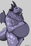 anthro belly belly_tuft big_belly black_horn bloated fur grey_background horn male moobs musclegut muscular overweight overweight_anthro overweight_male purple_body purple_fur simple_background solo tail tuft wings sheppyduke mythology dragon mythological_creature mythological_scalie scalie absurd_res hi_res