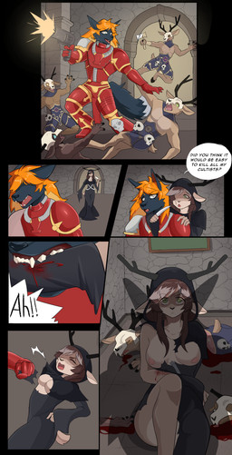 anthro antlers armor bite blood bodily_fluids breasts chaos_space_marine comic_panel defeated dialogue duo female female/female forced forced_exposure gun hair horn orange_hair ranged_weapon space_marine speech_bubble text weapon sonofan warhammer_(franchise) frax_(fraxinus) canid canine cross_fox deer fox humanoid mammal red_fox true_fox absurd_res comic english_text hi_res