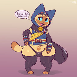 anthro arm_warmers armwear bell bell_collar belly belly_tattoo black_eyes blue_sclera brown_body brown_fur cape clothed clothing collar dialogue femboy front_view fur glistening glistening_body glistening_clothing hand_on_hip kamura_armor legwear male master multicolored_body multicolored_fur navel open_mouth partially_clothed shortstack shortstack_male simple_background solo speech_bubble standing stockings tan_body tan_fur tattoo text thick_thighs thigh_highs thong tight_clothing topwear two_tone_body two_tone_fur underwear wide_hips frumples capcom monster_hunter felid felyne lynian mammal palico 1:1 2021 digital_media_(artwork) english_text hi_res