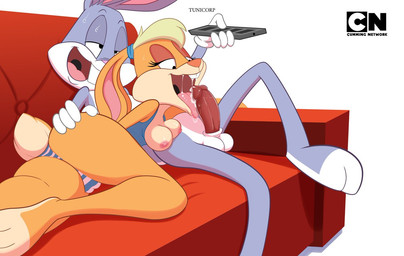 balls blonde_hair bodily_fluids breasts clothed clothing cum duo erection female furniture genital_fluids genitals gloves hair handwear looking_pleasured male male/female nipples open_mouth oral partially_clothed penis sofa tongue tongue_out tv_remote underwear tunicorp looney_tunes the_looney_tunes_show warner_brothers bugs_bunny lola_bunny lagomorph leporid mammal rabbit