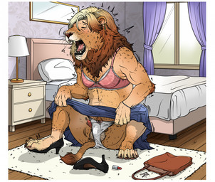 anatomically_correct anatomically_correct_genitalia anatomically_correct_penis animal_genitalia animal_penis balls bedroom black_clothing black_footwear black_high_heels black_lips border bra brown_body brown_fur brown_hair bulge clothed clothed_feral clothing erection eyes_closed feline_genitalia feline_penis feral footwear ftm_transformation fur gender_transformation genitals growth hair high_heels human_to_feral inside lips male mane mid_transformation panties penile_spines penis purse sharp_teeth shoes solo species_transformation teeth transformation underwear upskirt white_border kaeku felid lion mammal pantherine hi_res