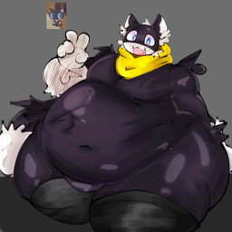 anthro belly big_belly black_body black_fur blue_eyes clothing fat_upper_pubic_area fur gesture hand_gesture kerchief legwear male navel neckerchief neckwear overweight solo stockings v_sign dumbfatboy atlus megami_tensei persona_(series) persona_5 sega morgana_(persona) domestic_cat felid feline felis mammal 1:1 hi_res