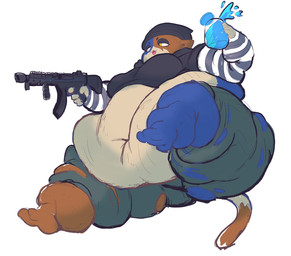 5_fingers anthro beanie belly beverage big_belly blue_body blue_fur breasts brown_body brown_fur chug_jug clothed clothing eyelashes fangs fat_arms fat_legs female fingers fur gun hat headgear headwear holding_beverage holding_gun holding_object holding_ranged_weapon holding_weapon huge_belly morbidly_obese morbidly_obese_anthro morbidly_obese_female multicolored_body multicolored_fur navel obese obese_anthro obese_female overweight overweight_anthro overweight_female ranged_weapon simple_background solo tail teeth torn_clothing weapon white_body white_fur yellow_eyes aquamix epic_games fortnite meow_skulls calico_cat domestic_cat felid feline felis mammal hi_res