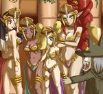 armlet belly_dancer black_hair blonde_hair bracelet breasts brown_eyes butt clothing collar costume female green_eyes grey_hair group hair jewelry male midriff navel one_eye_obstructed purple_eyes red_hair sonicboom30813 shantae_(series) wayforward harmony_(shantae) plink_(shantae) vera_(shantae) zapple_(shantae) genie human humanoid mammal