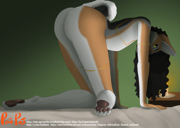 anthro bed butt candle curly_hair cybernetics cyberpunk femboy furniture gold_(metal) hair inside looking_at_viewer machine male pawpads paws presenting presenting_hindquarters solo tail crimsoncolored canid canine canis jackal mammal absurd_res hi_res