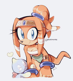 :> >_< alternate_costume ambiguous_gender anthro blue_body blue_eyes bracelet breasts cleavage clothed clothing duo eyes_closed female fur hair heart_symbol hug jewelry looking_at_another orange_body orange_fur ponytail simple_background smile standing white_background punkinbuu sega sonic_adventure sonic_the_hedgehog_(series) tikal_the_echidna chao_(sonic) echidna mammal monotreme 2020 digital_media_(artwork) hi_res shaded signature