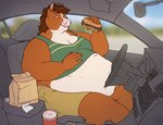 anthro bangs belly beverage big_belly bottomwear brown_body brown_fur brown_hair burger car car_seat chair clothing container cup eating fast_food food fur furniture green_clothing green_eyes green_shirt green_topwear hair hand_on_belly holding_food holding_object long_hair looking_at_viewer male moobs on_chair overweight overweight_male shirt shorts sitting sitting_on_chair solo steering_wheel tan_bottomwear tan_clothing tan_shorts topwear vehicle white_body white_fur wide_hips aucherr equid equine horse mammal 2023 hi_res