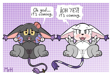anthro belly big_belly black_body black_fur blush breasts claws clothed clothing dialogue duo eyelashes female fur genitals gloves handwear imminent_birth labor looking_at_viewer open_mouth pregnant pregnant_female presenting smile spreading tail text vulva white_body white_fur mr_harinezumi bandai_namco digimon bianc_(el_senor_erizo) nera_(el_senor_erizo) blackgatomon digimon_(species) felid feline gatomon mammal english_text hi_res