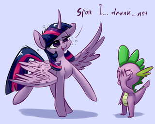 derp_eyes dialogue drunk duo facepalm feathered_wings feathers female feral hair horn male purple_eyes purple_hair simple_background substance_intoxication tail text wings underpable friendship_is_magic hasbro my_little_pony mythology spike_(mlp) dragon equid equine mammal mythological_creature mythological_equine mythological_scalie scalie winged_unicorn 2015 5:4 english_text