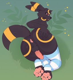 anthro anus balls big_butt black_body black_fur butt clothed clothing erection feet femboy fluffy fur genitals hand_on_butt legwear male nude open_mouth pawpads paws penis presenting simple_background solo stockings tail hemelarix nintendo pokemon canid canine eeveelution generation_2_pokemon mammal pokemon_(species) umbreon digital_media_(artwork) hi_res