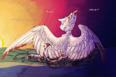 feathered_wings feathers female feral fur macro nude sitting solo stripes sunset wings asterope ratchet_and_clank sony_corporation sony_interactive_entertainment domestic_cat felid feline felis lombax mammal hi_res