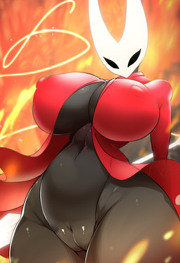 anthro big_breasts black_body black_eyes breasts clothed clothing curvy_figure empty_eyes female genitals glistening glistening_genitalia huge_breasts humanoid_genitalia humanoid_vulva innie_vulva looking_at_viewer mouthless nipple_outline simple_background solo thick_thighs voluptuous voluptuous_anthro voluptuous_female vulva weapon wide_hips ashraely hollow_knight_(franchise) team_cherry hornet_(hollow_knight) arthropod insect absurd_res digital_media_(artwork) hi_res