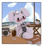 2024 accessory ahoge anthro beach beach_chair beverage black_eyes blue_sky blush blush_lines book breasts clothing coat dated electronics eyewear female floppy_ears fur glasses hair head_tilt hi_res kemono lab_coat lagomorph leporid lop_ears mammal medium_breasts name_tag open_mouth partly_cloudy rabbit radio rectangular_glasses red_eyewear red_glasses sea signature simple_eyes sky small_nose solo thigh_belt topwear vial water white_body white_ears white_fur white_legs young young_female zeru_(ma)