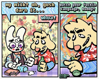aloha_shirt anthro beer_bottle bottle bow_tie cheek_spots clothing container dialogue duo floppy_ears food fur half-closed_eyes humor male narrowed_eyes overalls pattern_clothing pattern_shirt pattern_topwear profanity sandwich_(food) shirt smile smirk smug smug_face smug_grin speech_bubble teeth text tooth_gap topwear white_body white_fur yellow_body yellow_fur rawdawgcomics bingus_(rawdawgcomics) stahli_(rawdawgcomics) bird_dog canid canine canis domestic_dog golden_retriever hunting_dog lagomorph leporid mammal rabbit retriever 5:4 comic english_text