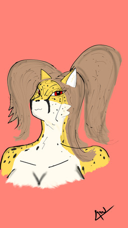 anthro breasts featureless_breasts female hair inner_ear_fluff markings ponytail red_eyes solo spots spotted_body tuft 4utumn00 adrian_(4utumn00) cheetah felid feline felis mammal wildcat absurd_res bust_portrait hi_res portrait