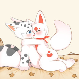 2_tails ambiguous_gender anthro bed black_body black_fur blue_eyes blush bodily_fluids cheek_tuft duo facial_tuft fluffy fluffy_tail french_kissing fur fur_markings furniture hug inner_ear_fluff kissing markings mostly_nude multi_tail multicolored_body multicolored_fur on_another on_bed paws pink_body pink_fur scarf scarf_only smile spiral spiral_eyes sweat tail tuft two_tone_body two_tone_fur white_body white_fur moudefo asian_mythology fabulous_beasts fenz_(studio) mythology fuzai_(fabulous_beasts) hetao_(fabulous_beasts) canid canine felid fox mammal pantherine snow_leopard 1:1 colored hi_res